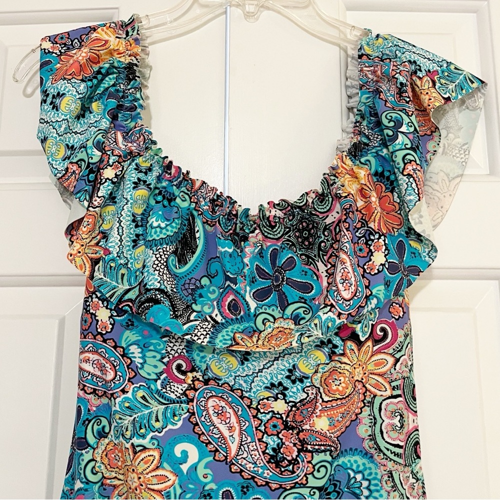 Bleu Rod Beattie Colorful Floral Paisley Ruffle Teal Blue One-Piece Swimsuit. 10 - Picture 14 of 14